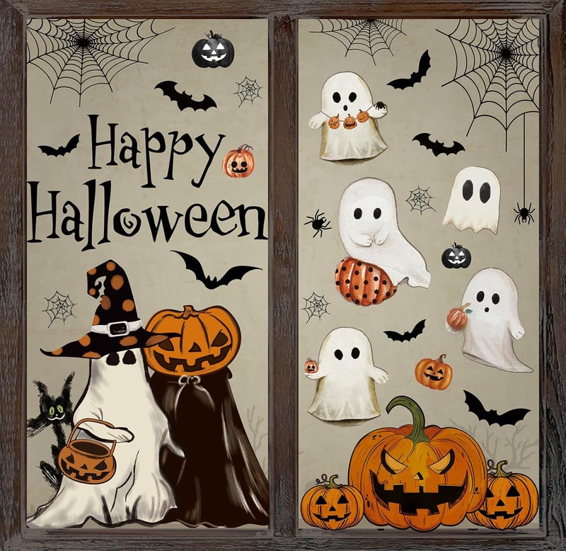 Whaline 6 Sheets Halloween Window Clings Vintage Ghost Evil Pumpkin Bat Reusable Window Decals for Halloween Fall Party Supplies Home Glass Decor - Image 1